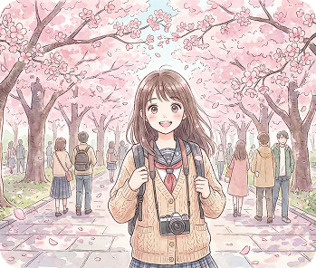Cute anime girl walking through cherry blossoms