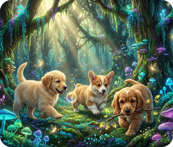 Cute puppies playing in a magical forest