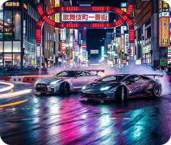 High-speed racing cars drifting in neon lights