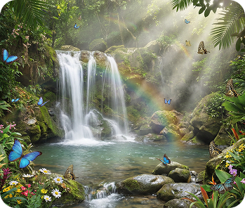 Relaxing waterfall with flying butterflies