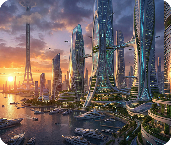 Futuristic city skyline at sunset