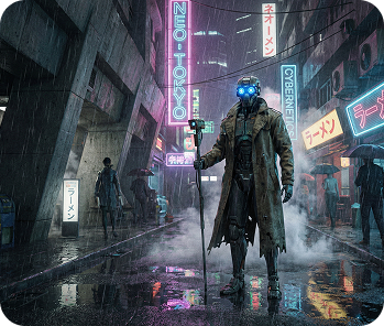 Cyberpunk robot exploring rainy streets